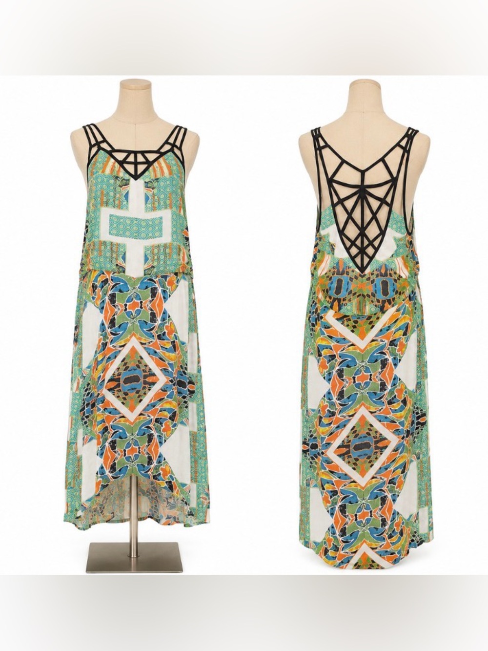 New Romantics by Free People Dress Size 10 Boho Printed Hi-Low Midi Maxi Strappy - Picture 4 of 4